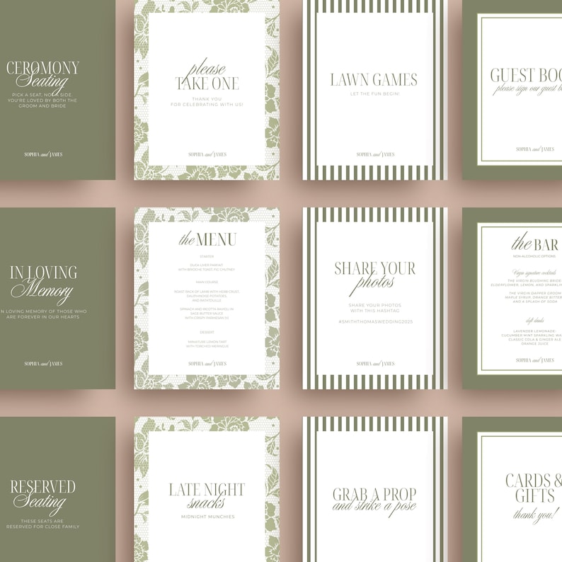 May include: A collection of wedding signage with various text, including "Ceremony Seating," "Please Take One," and "Lawn Games." The signs have a white background with decorative borders and text in elegant fonts, set against a green backdrop.