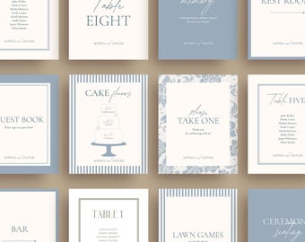 DIY Wedding Day Sign Bundle, Modern Blue On The Day Wedding Sign Template, Minimalist Wedding Signage