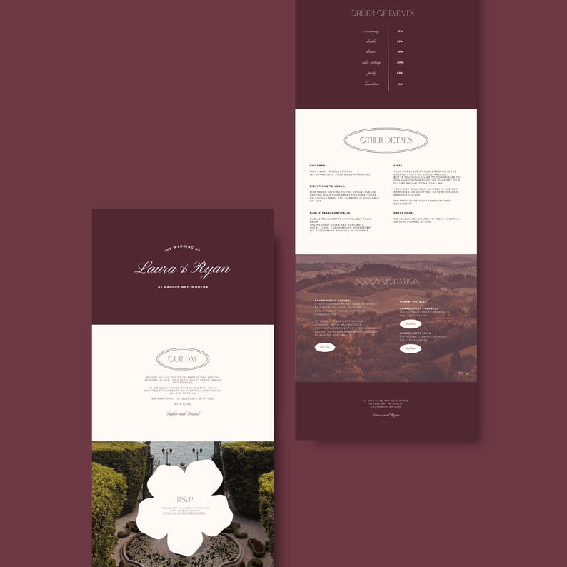 May include: Elegant wedding invitation suite in burgundy and cream. The design includes the names "Laura & Ryan", event details, and RSVP information. The suite features a floral design and landscape photo.