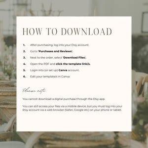 May include: A cream-colored graphic with instructions on how to download a digital purchase from Etsy. The text includes steps for logging in, finding purchases, and accessing files via a web browser.