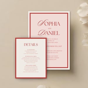 Modelos de convites de casamento rosa e vermelho, convites de casamento vintage, modelos de suíte de convites Canva editáveis