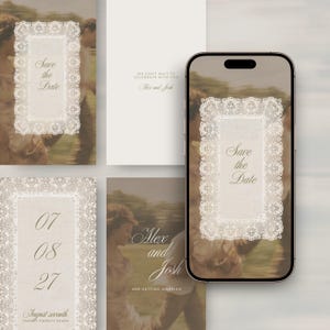 Peut inclure: Ensemble de papeterie de mariage avec une carte 'Save the Date' ornée d'une bordure en dentelle et du texte 'Save the Date'. L'ensemble comprend une carte avec la date '07 08 27' et les noms 'Alex and Josh'. Un smartphone affiche le même design.