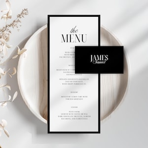 Plantillas imprimibles de tarjetas con nombre y lugar para menú, menú de boda editable, menús de boda minimalistas y elegantes