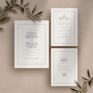 Modello moderno per inviti di nozze fai da te, elegante biglietto con dettagli, codice QR RSVP minimale, pacchetto di inviti modificabili