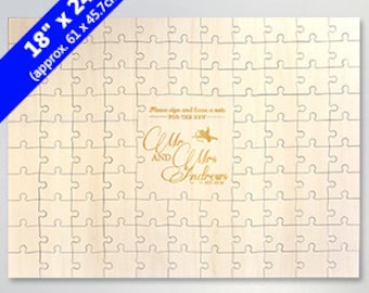 May include: An 18" x 24" unfinished wooden jigsaw puzzle with a gold inscription that reads "Mr. and Mrs. [Last Name]" and a small graphic of a heart with an arrow through it.