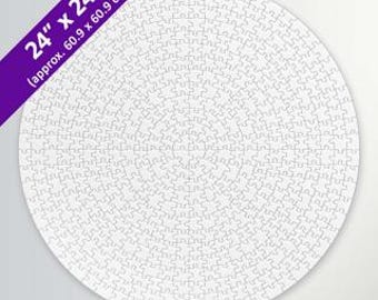 May include: A circular white jigsaw puzzle, 24 inches (approx. 60.9 cm) in diameter, made up of many interlocking pieces. A purple banner displays the dimensions: 24" x 24" (approx. 60.9 cm).