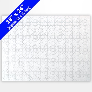 May include: A white jigsaw puzzle with interlocking pieces. The puzzle measures 18" x 24" (approx. 61 x 45.7cm) and is composed of numerous small, uniquely shaped pieces. A blue banner displays the dimensions.