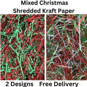 May include: Two designs of shredded kraft paper for gift wrapping. One design is red and green, the other is red, green, and white. Free delivery.
