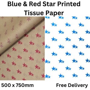 May include: Two sheets of tissue paper with a star pattern. One sheet is brown with red stars and the other is white with blue stars. The tissue paper is 500 x 750 mm and comes with free delivery.