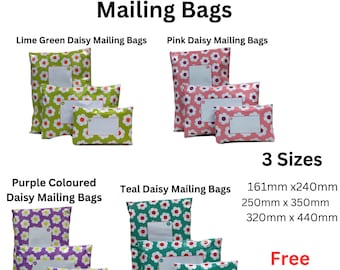 Daisy Mailing Bags Printed Plastic Mail Postage Post Polythene Recyclable Strong 3 Sizes 4 Colours Daisy's Green ,Pink ,Purple  & Teal Blue.