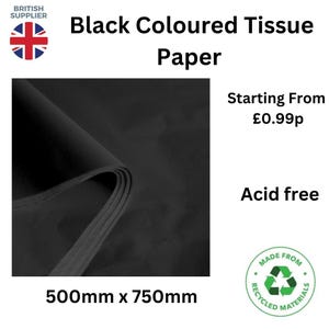 May include: Black tissue paper, 500mm x 750mm, made from recycled materials. Acid free.