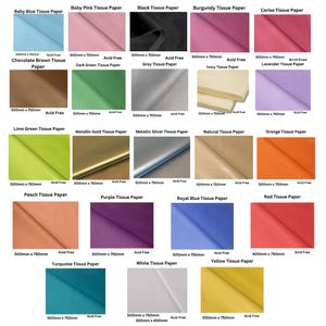 May include: A collection of 18 tissue paper colours, each measuring 500mm x 750mm. The colours include baby blue, baby pink, black, burgundy, cerise, chocolate brown, dark green, grey, ivory, lavender, lime green, metallic gold, metallic silver, natural, orange, peach, purple, royal blue, red, turquoise, white, and yellow.