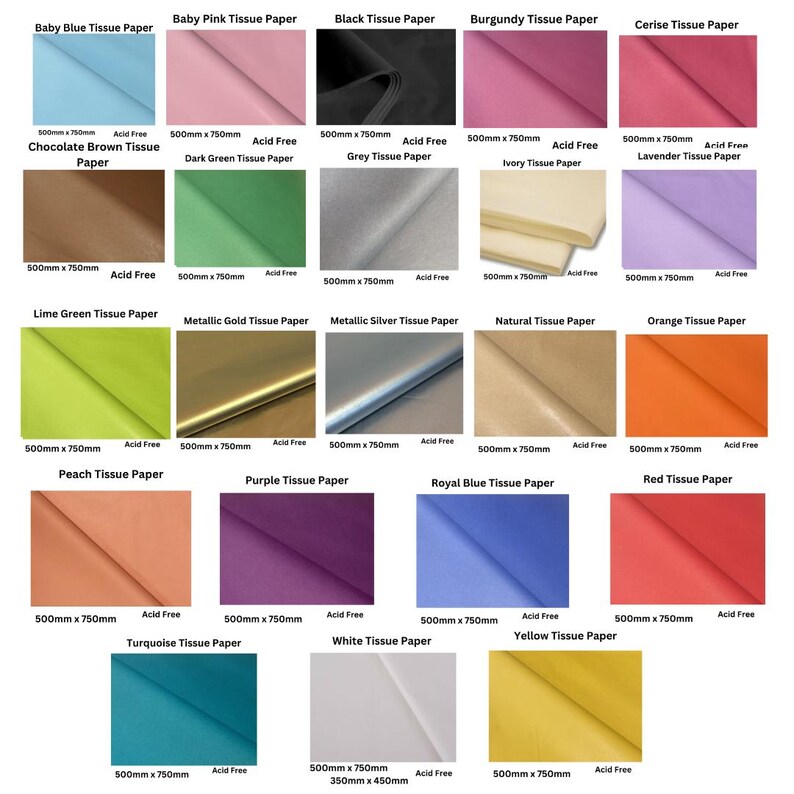 May include: A collection of 18 tissue paper colours, each measuring 500mm x 750mm. The colours include baby blue, baby pink, black, burgundy, cerise, chocolate brown, dark green, grey, ivory, lavender, lime green, metallic gold, metallic silver, natural, orange, peach, purple, royal blue, red, turquoise, white, and yellow.
