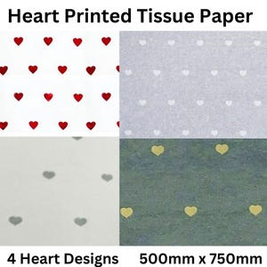 May include: Four sheets of tissue paper with different heart designs. The designs include red hearts on white, white hearts on grey, grey hearts on white, and gold hearts on green. The tissue paper measures 500mm x 750mm.