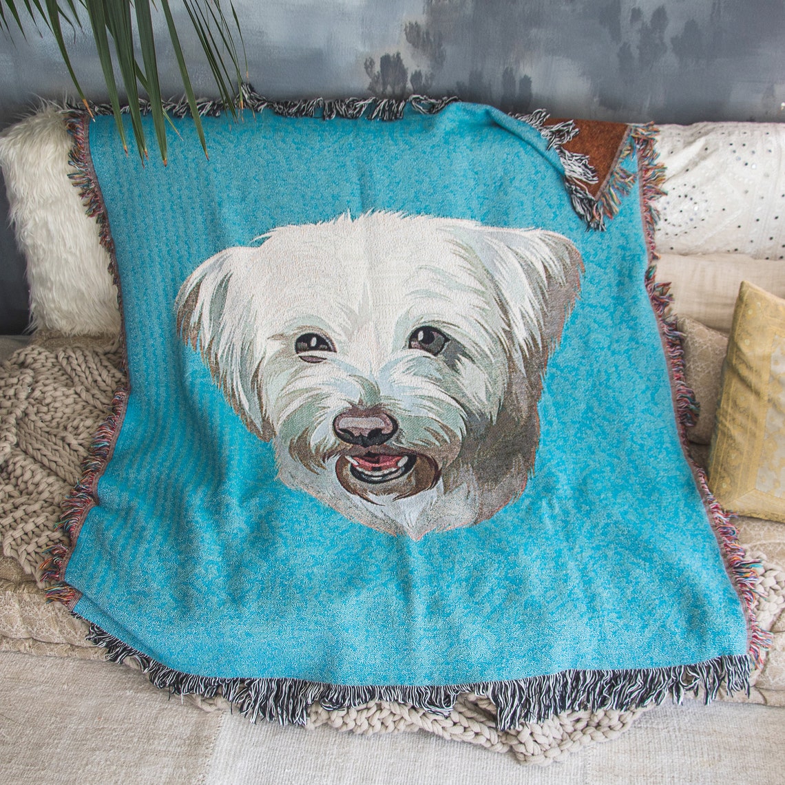 Custom Pet Portrait Woven Throw Blanket 100 Cotton Fringed Etsy