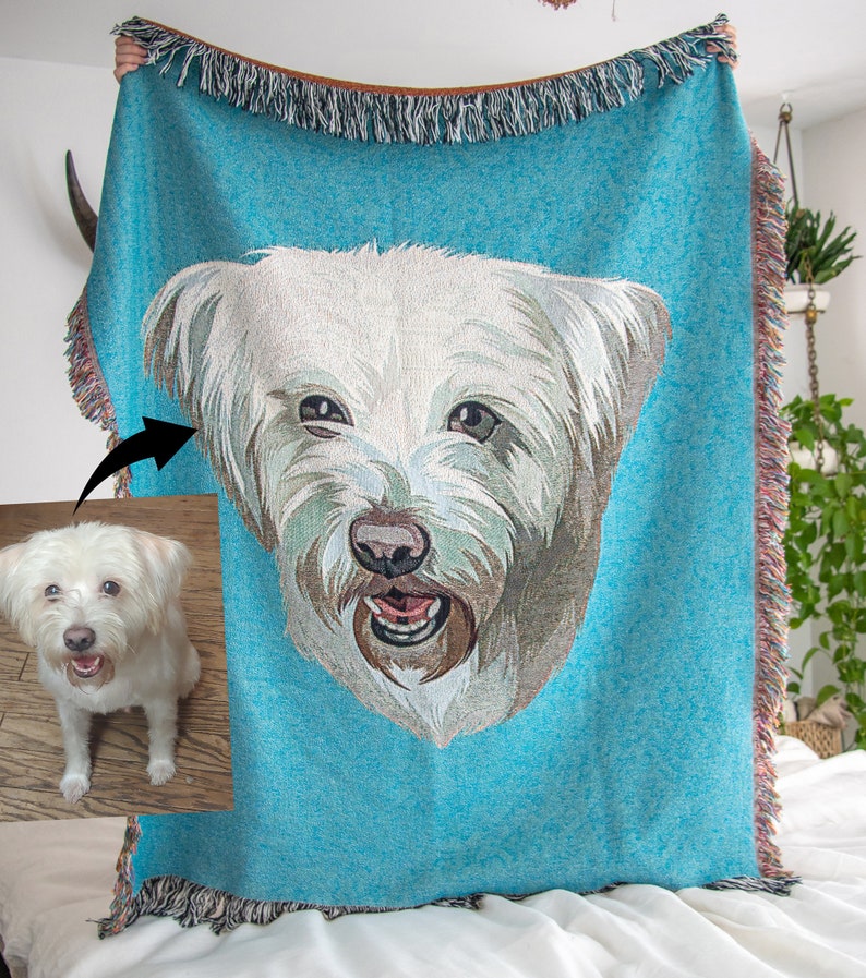 Custom Pet Portrait Woven Throw Blanket 100 Cotton Fringed Etsy