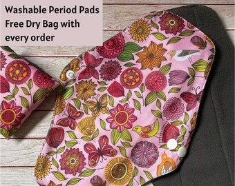 Pretty and Floral Washable Reusable Period Pads, Longer Length 10inch/25cm Regular to Heavy Flow, Night Time Sanitary Pads, Eco Period Pads