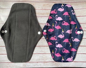 Washable Period Pads in Flamingo Fabric, Longer Length 10inch/25cm Regular Flow, Night Time Eco Sanitary Pads, Eco Period Pads,