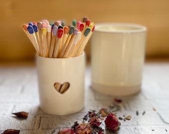 Cut Out Heart Ceramic Match Pot with Strike on Bottom, Matches and Strike Pad, Multi-Coloured Extra Long Matches, Heart Birthday Gift