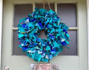 Turquoise Sari Rag Wreath: Upcycled Silk Christmas Door Decor