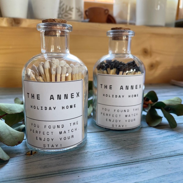 Personalised Glass Jar of 100 Matches 10cm, Airbnb Guest Gift, Wedding Gift, Bridal Shower, New Home, Shabbat Candles, Wedding Favours