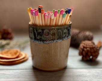 Hand-thrown Match Pot and Strike, Matches and Strike Pad, Multi-Coloured Extra Long Matches, Gift for Candle Lovers, Matchstick Pot