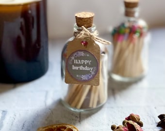 Happy Birthday Mini Glass Jar of Coloured Matches, Unique Birthday Gift, Birthday Candle Gift, Happy Birthday Gift for Her