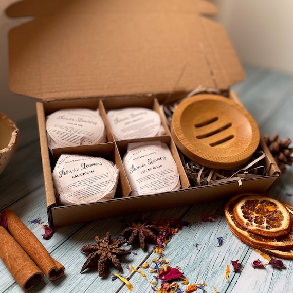 Gift Boxed Aromatherapy Shower Steamers with Bamboo Tray, Birthday Gift