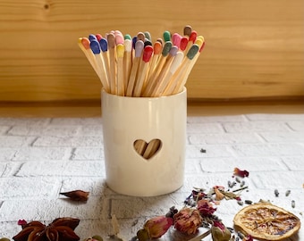 Heart Cutout Ceramic Match Pot with Extra Long Matches