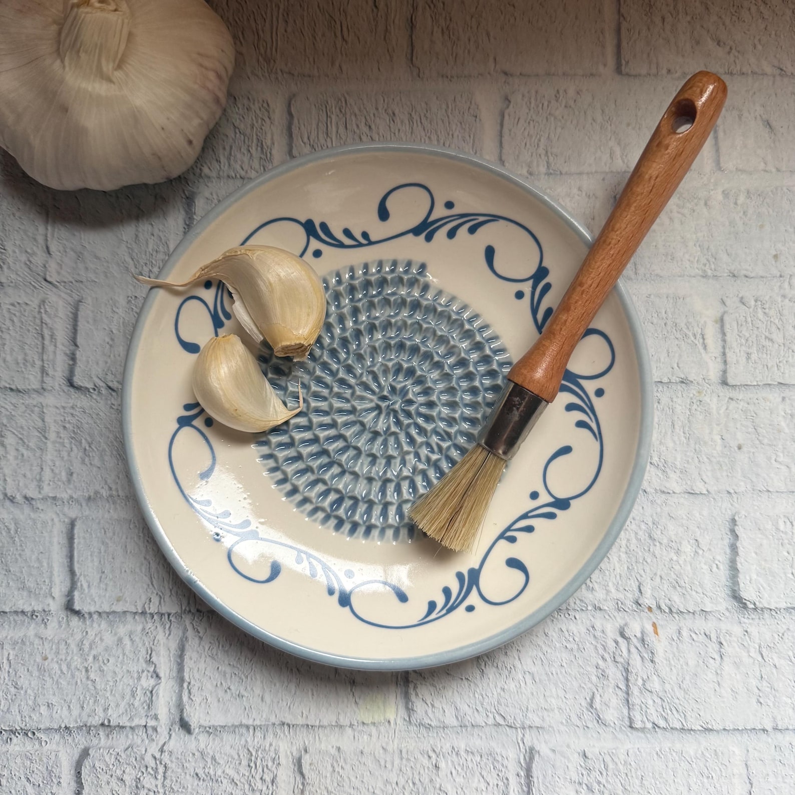 Ceramic Garlic Grater Plate: Ginger, Vegetable Rub Dish, Fathers Day Gift - Plate and Brush, Blue Scrolls