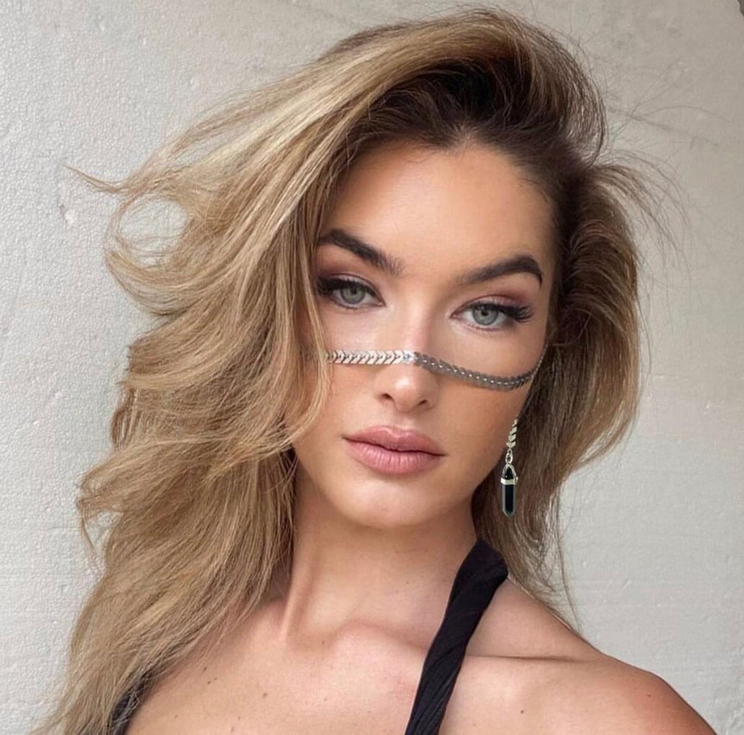 Metal Face Chain Jewelry With Crystal & Hexagonal Prism Festival Rave