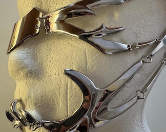 Two Piece Metal Face Mask Ornament Jewelry Mechanical Mecha Alien Fluid