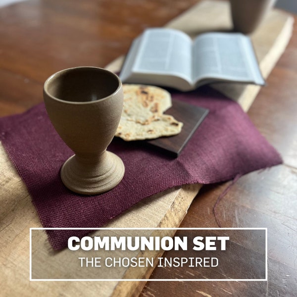 The Chosen Inspired Communion Set - Personalized | Ceramic Chalice, Bible, burlap, Wood Platter, Case | First Century | Jesus Pottery