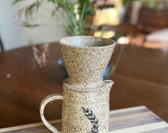 Ceramic Pour Over Set  | Coffee Dripper | Speckled Beige Fern - Coffee Brewer and Pitcher Set - Pottery Brewer & Pitcher