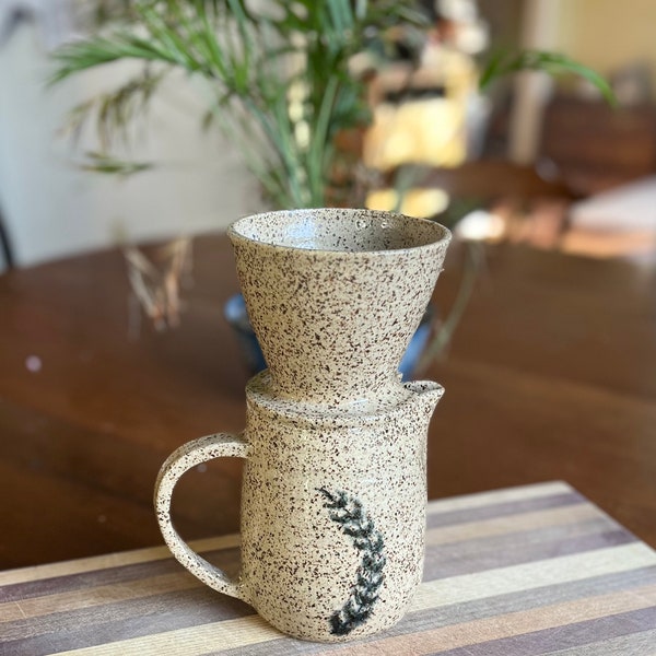 Keramik Pour Over Set | Kaffeefilter | Gesprenkeltes Beige Farn - Kaffee Brüher und Krug Set - Keramik Brauer & Krug