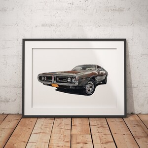 Limitierter Druck einer Zeichnung | Poster | Dodge Charger 71 Zeichnung | Oldtimer | Illustration | Realistisch | Automobil | A4 | A3 | A2