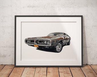 Limited Edition Print of drawing | Poster | Dodge Charger 71 Drawing | Classic Car | Illustration | Realistic | Automotive | A4 | A3 | A2