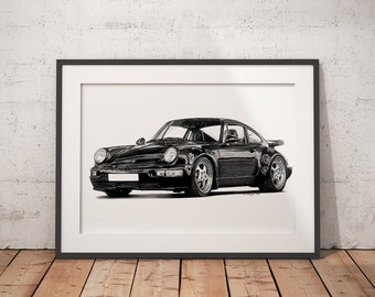 Limited Edition Print of drawing | Porsche 911 964 Turbo Drawing | Classic Car | Illustration | Realistic | Automotive | A4 | A3 | A2
