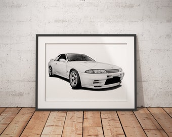 Limited Edition Print of drawing | Nissan Skyline R32 GTR Drawing | Classic Car, Illustration, Realistic, Automotive | A4 | A3