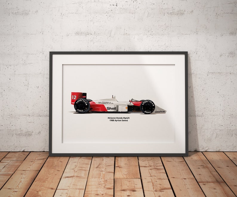 Impression en édition limitée du dessin Mclaren MP4/4 Ayrton Senna Champion du Monde 1988 Dessin Art, réaliste, automobile A4 A3 A2 image 1