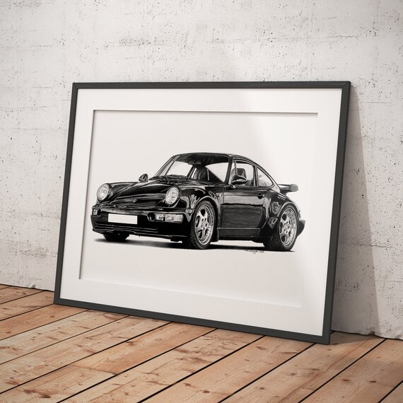 限定版の図面プリント |ポルシェ 911 964 ターボの図面 |クラシック