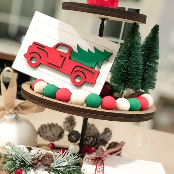 Mini Christmas Wooden Sign / Red Truck Tiered Tray Decor / Christmas Tiered Tray Sign / Tree Farmhouse Decor / Christmas Trees Wood Signs