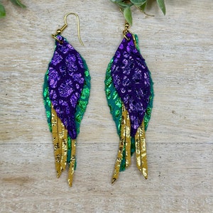 Mardi Gras earrings, handmade jewelry, genuine leather