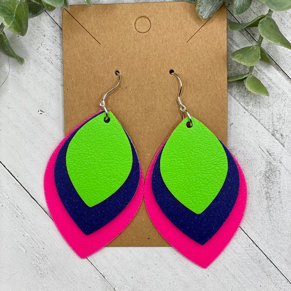 Lime green, neon pink and navy blue earrings, 90s party jewelry,