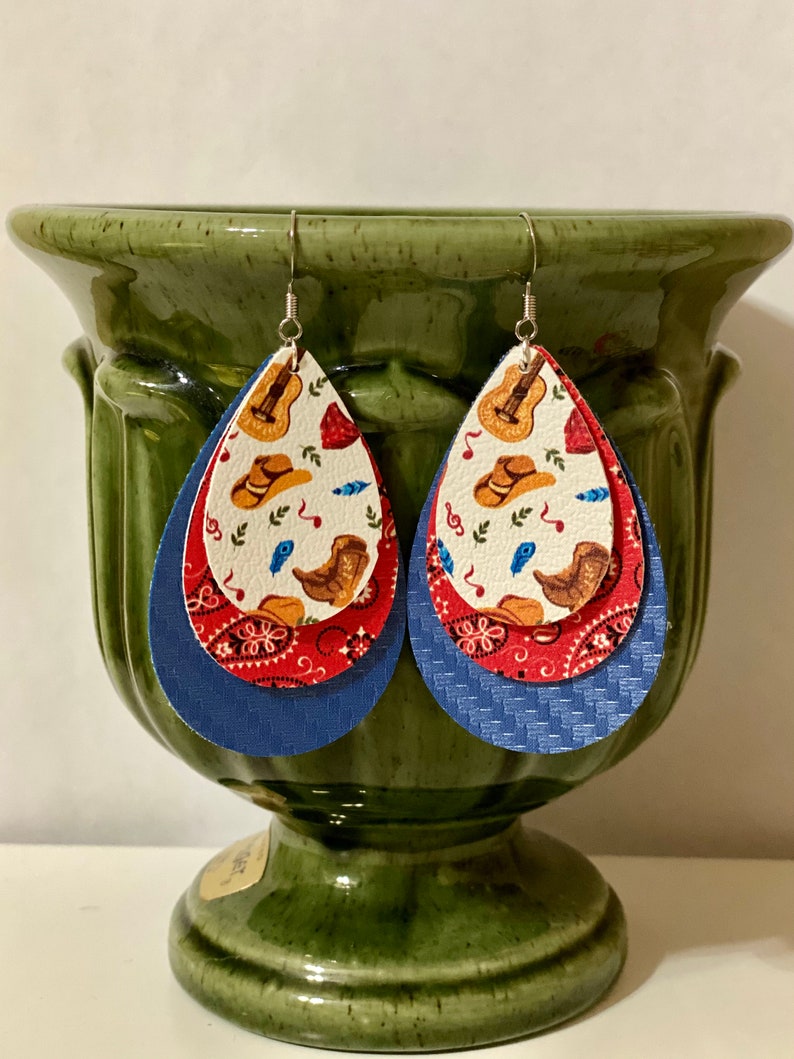 On the ranch guitarcowboy bootshat triple layer earrings
