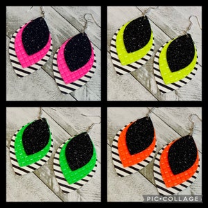 Neon earrings, sale earrings, earring set, handmade jewelry, black and white stripe, neon pink, neon yellow, neon orange, neon green