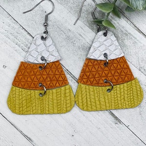 Candy corn earrings, Halloween earrings, cork earrings, gift for her, genuine leather