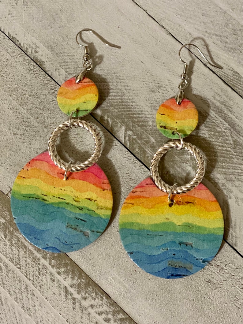Large dangle rainbow cork earrings