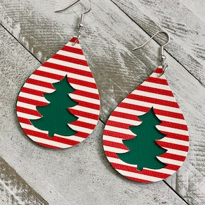 Christmas tree earrings, red and white stripe earrings, Christmas gift for mom, handmade jewelry, Christmas earrings