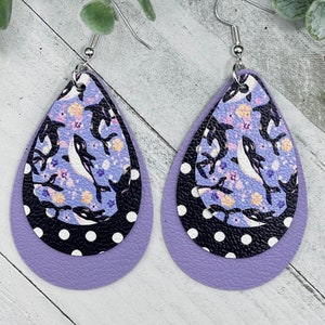 Killer whale earrings, orca jewelry, shamu lover gift, gift for her, animal lover gift, faux leather earrings, handmade jewelry